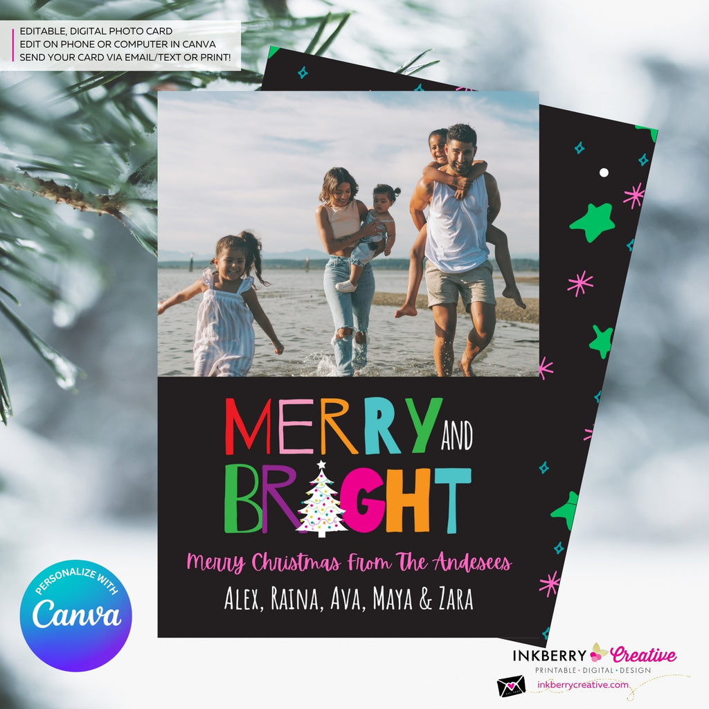Modern Merry and Bright Photo Christmas Card, Family Holiday Photo Card, Multi-photo, Email Christmas Card, Editable in Canva