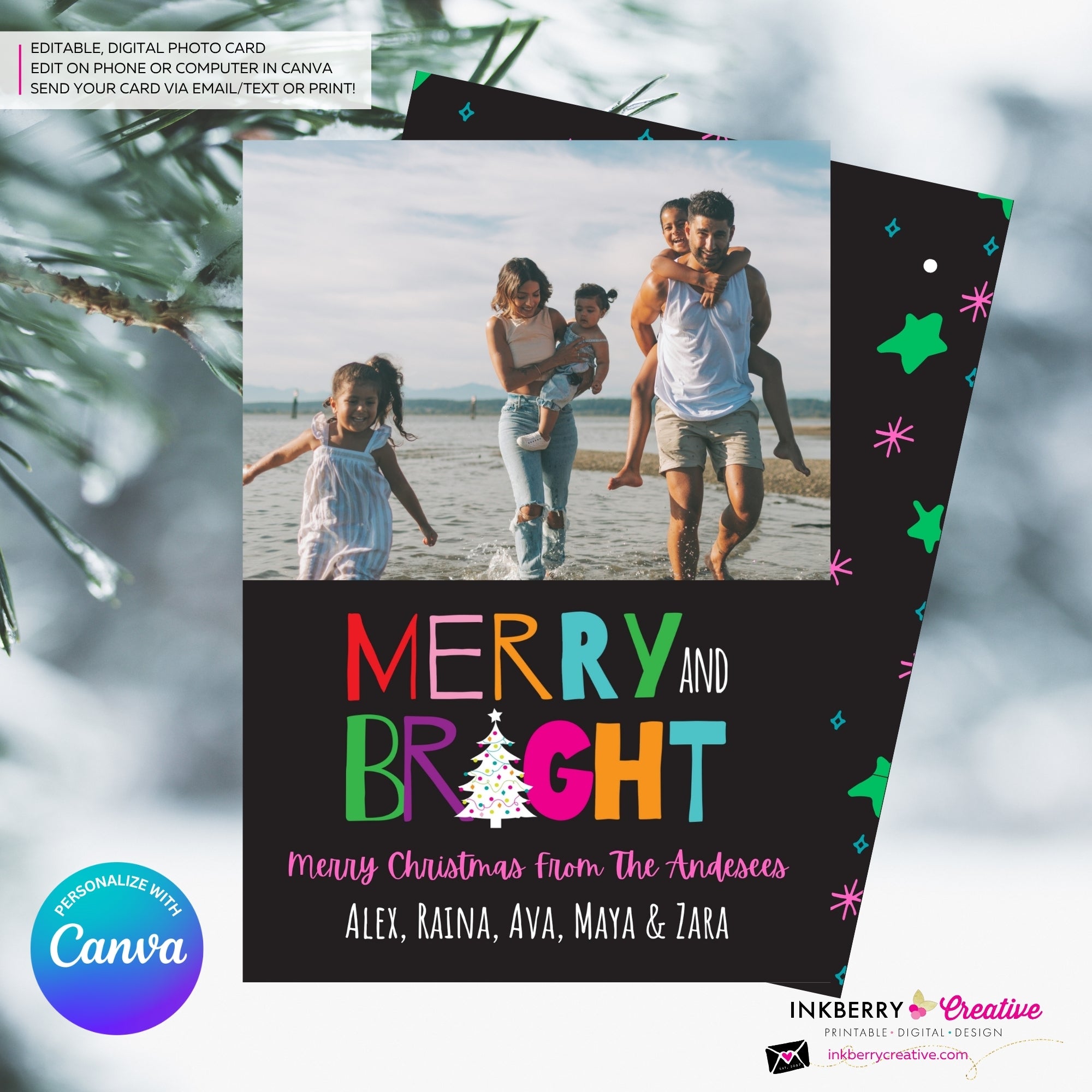 Modern Merry and Bright Photo Christmas Card, Family Holiday Photo Card, Multi-photo, Email Christmas Card, Editable in Canva