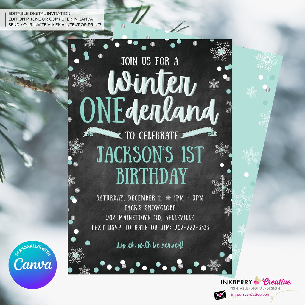 Whimsical Winter Wonderland 1st Birthday Invite - Snowflake Chalkboard Theme - ONEderland - Aqua Blue Silver, Personalize and Edit in Canva