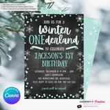 Whimsical Winter Wonderland 1st Birthday Invite - Snowflake Chalkboard Theme - ONEderland - Aqua Blue Silver, Personalize and Edit in Canva