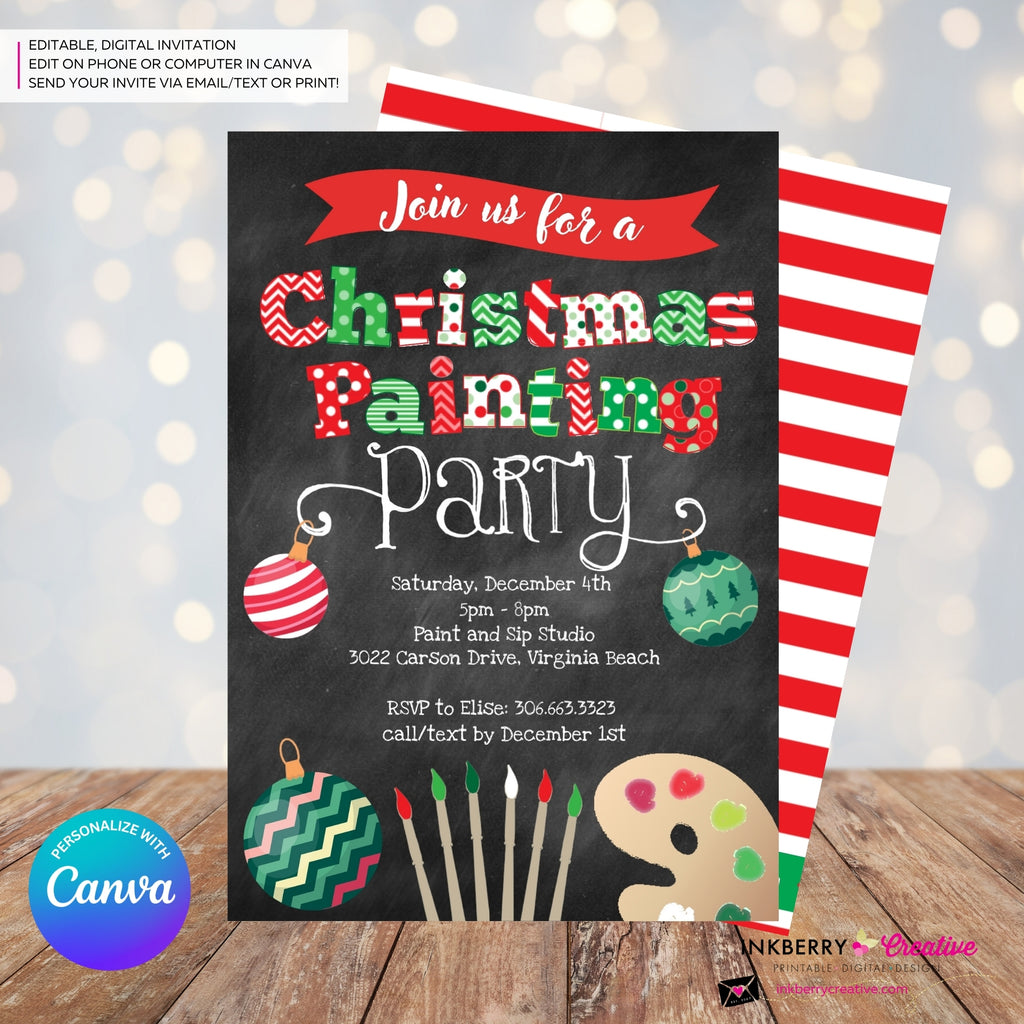 Christmas Painting Party Invitation - Chalkboard - Editable in Canva