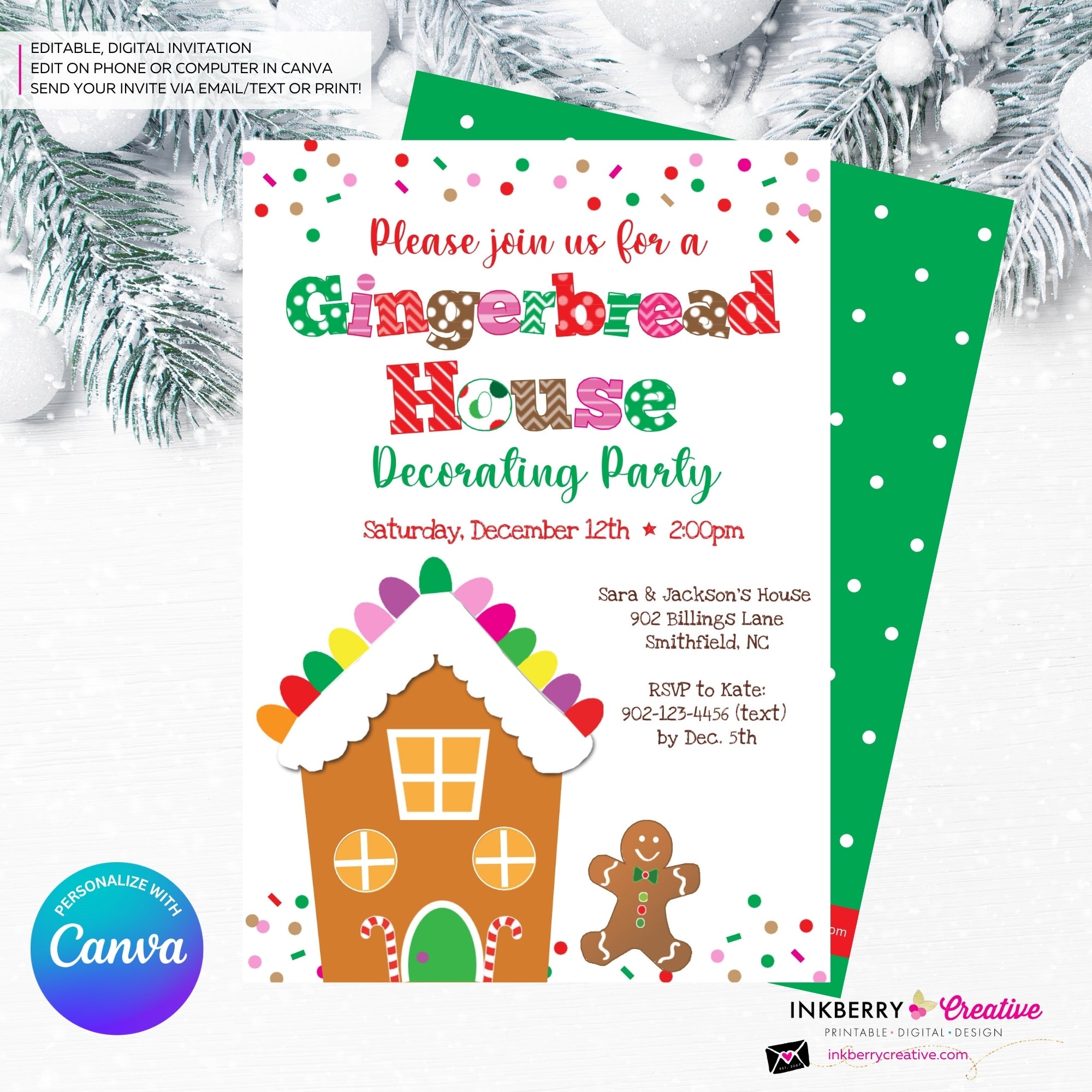 Gingerbread House Gum Drops & Sprinkles Decorating Christmas Party Invitation - Editable in Canva