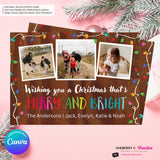 Woodgrain Merry and Bright Christmas Lights 3 Photo Christmas Card - Retro Christmas Bulbs String of Lights - Edit in Canva