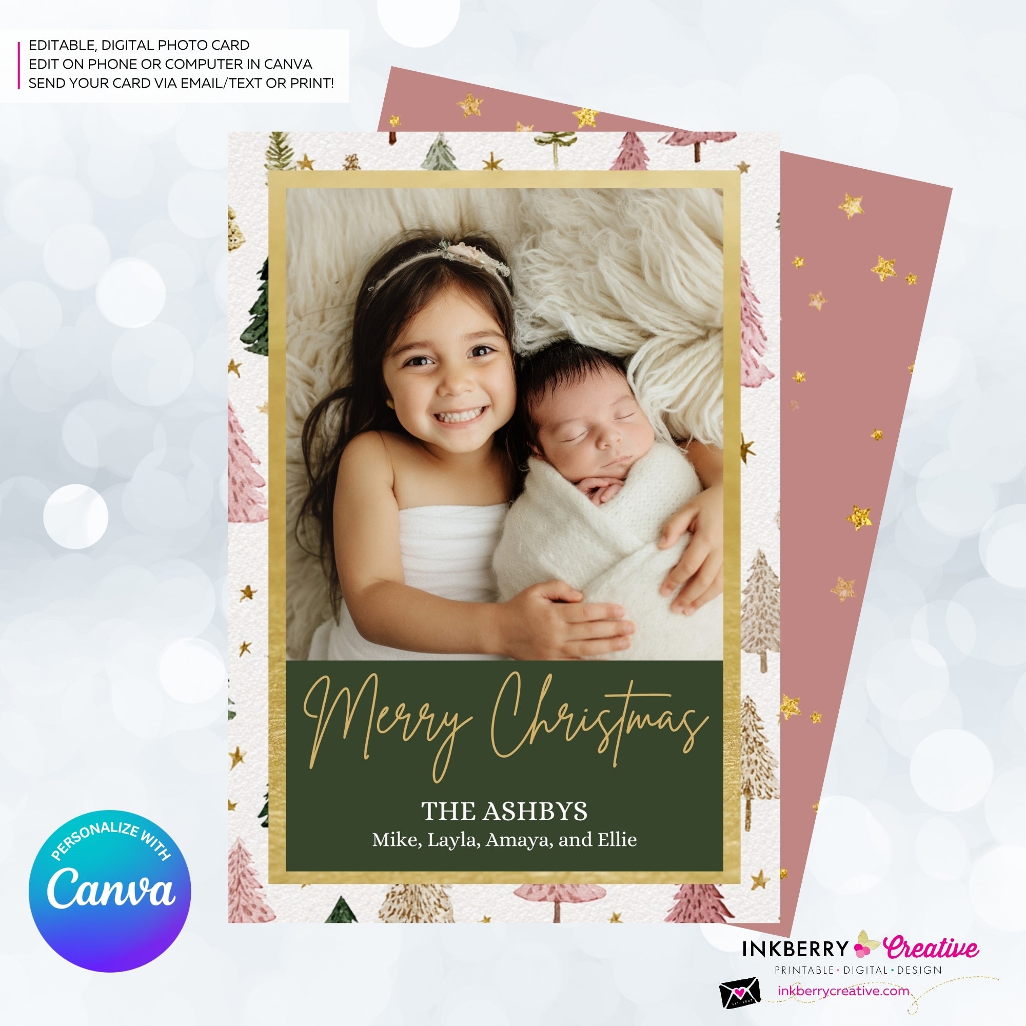 Boho Painted Trees & Stars Christmas Photo Card, Family Holiday Photo Card, Custom Colors, Email Christmas Card, Editable in Canva
