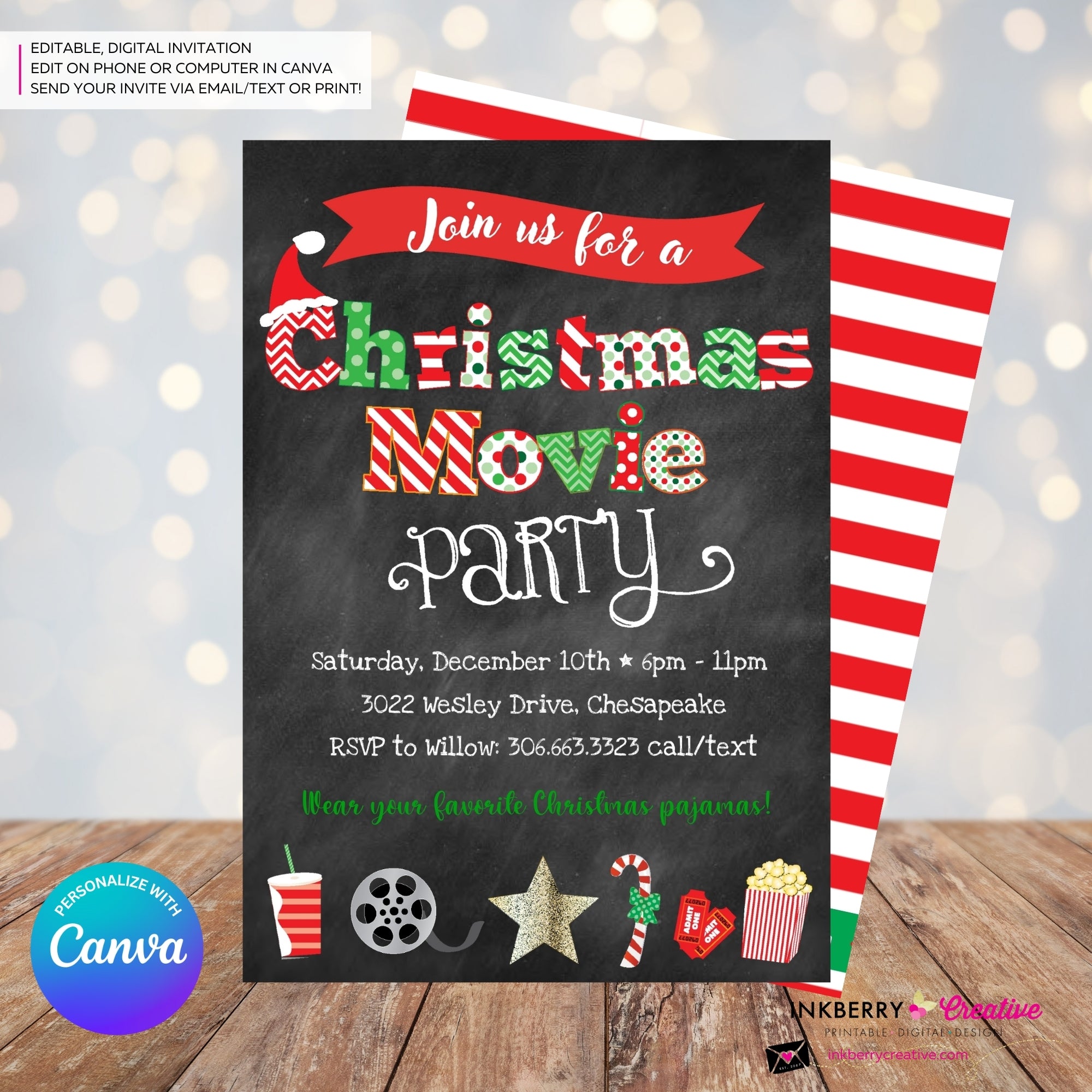 Christmas Movie Party Invitation - Chalkboard - Editable in Canva