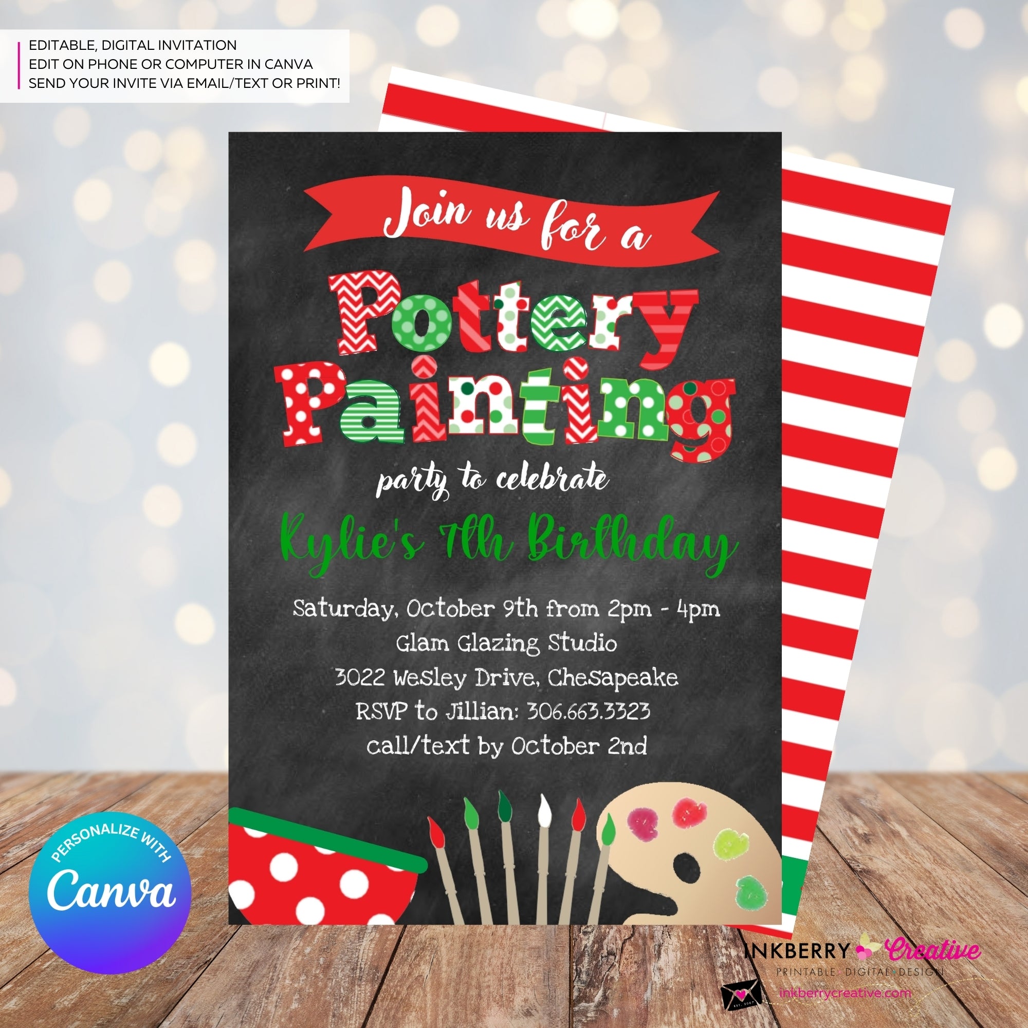 Christmas Pottery Painting Party Invitation - Editable in Canva