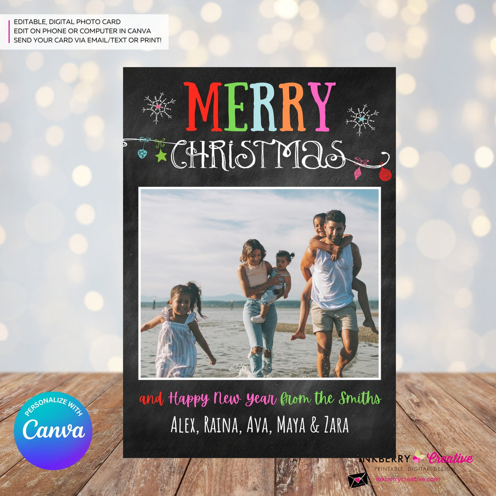Chalkboard Ornaments Merry Christmas Photo Card, Family Holiday Photo Card, Email Christmas Card, Editable in Canva
