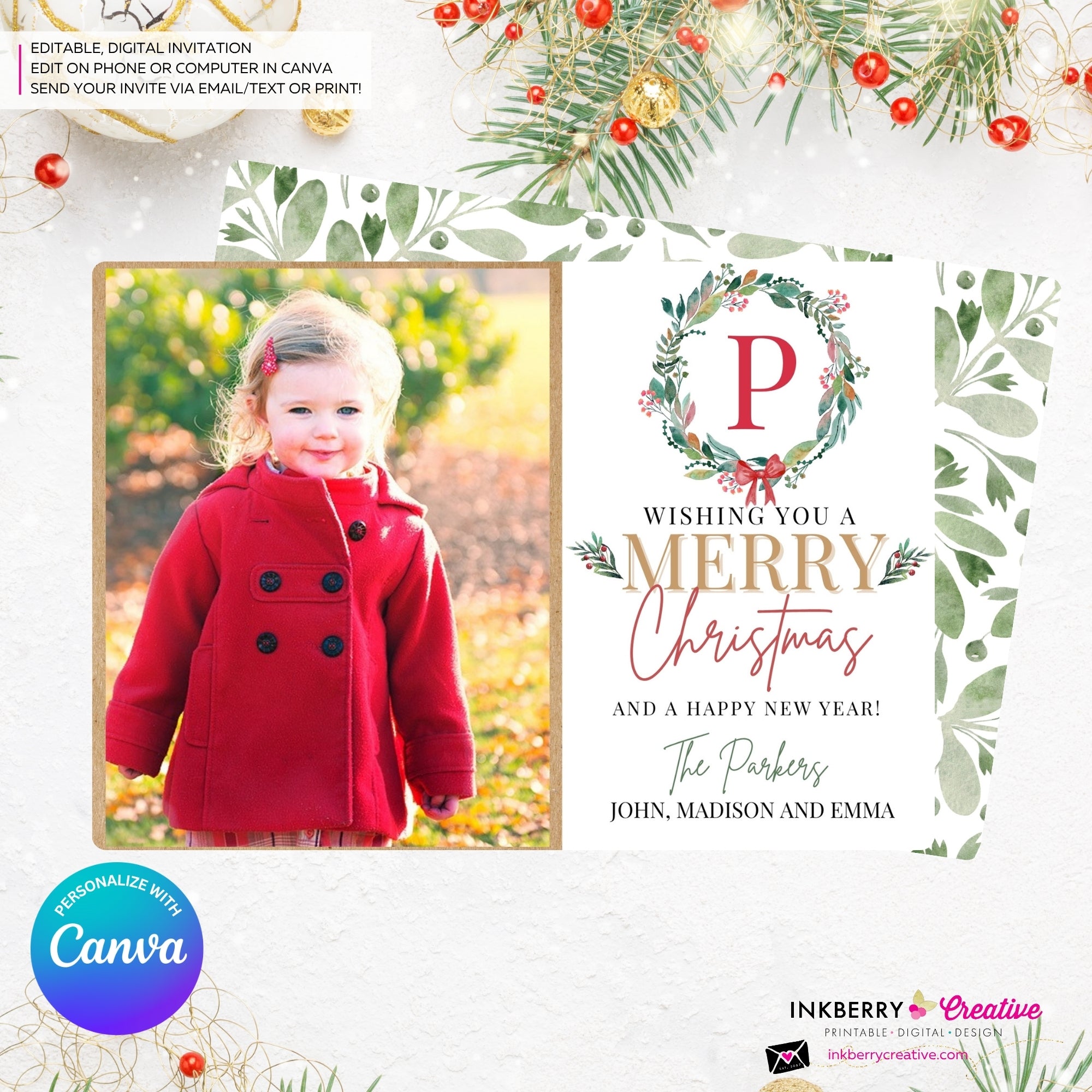 Family Monogram Colorful Christmas Wreath Photo Card, Family Holiday Photo Card, Custom Colors, Email Christmas Card, Editable in Canva