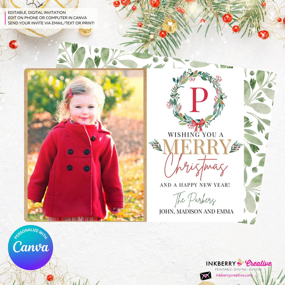 Family Monogram Colorful Christmas Wreath Photo Card, Family Holiday Photo Card, Custom Colors, Email Christmas Card, Editable in Canva