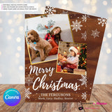 Woodgrain Gold and Snowflakes Christmas Photo Card, Family Holiday Photo Card, Custom Colors, Email Christmas Card, Editable in Canva