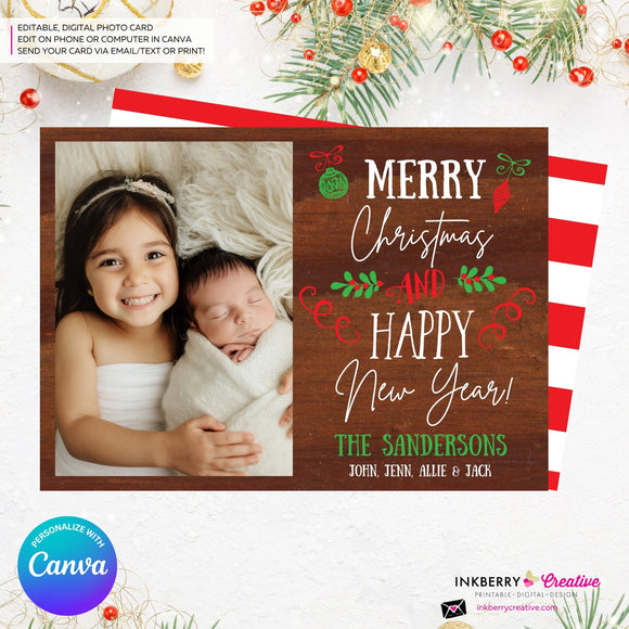 Woodgrain Ornament Doodles Christmas Photo Card, Family Holiday Photo Card, Custom Colors, Email Christmas Card, Editable in Canva