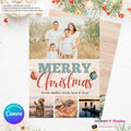 Merry Christmas Vintage Ornaments Woodgrain 4 Photo Holiday Card, Family Photo Card, Custom Colors, Email Christmas Card, Editable in Canva