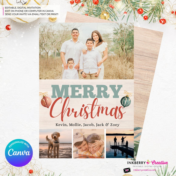 Merry Christmas Vintage Ornaments Woodgrain 4 Photo Holiday Card, Family Photo Card, Custom Colors, Email Christmas Card, Editable in Canva