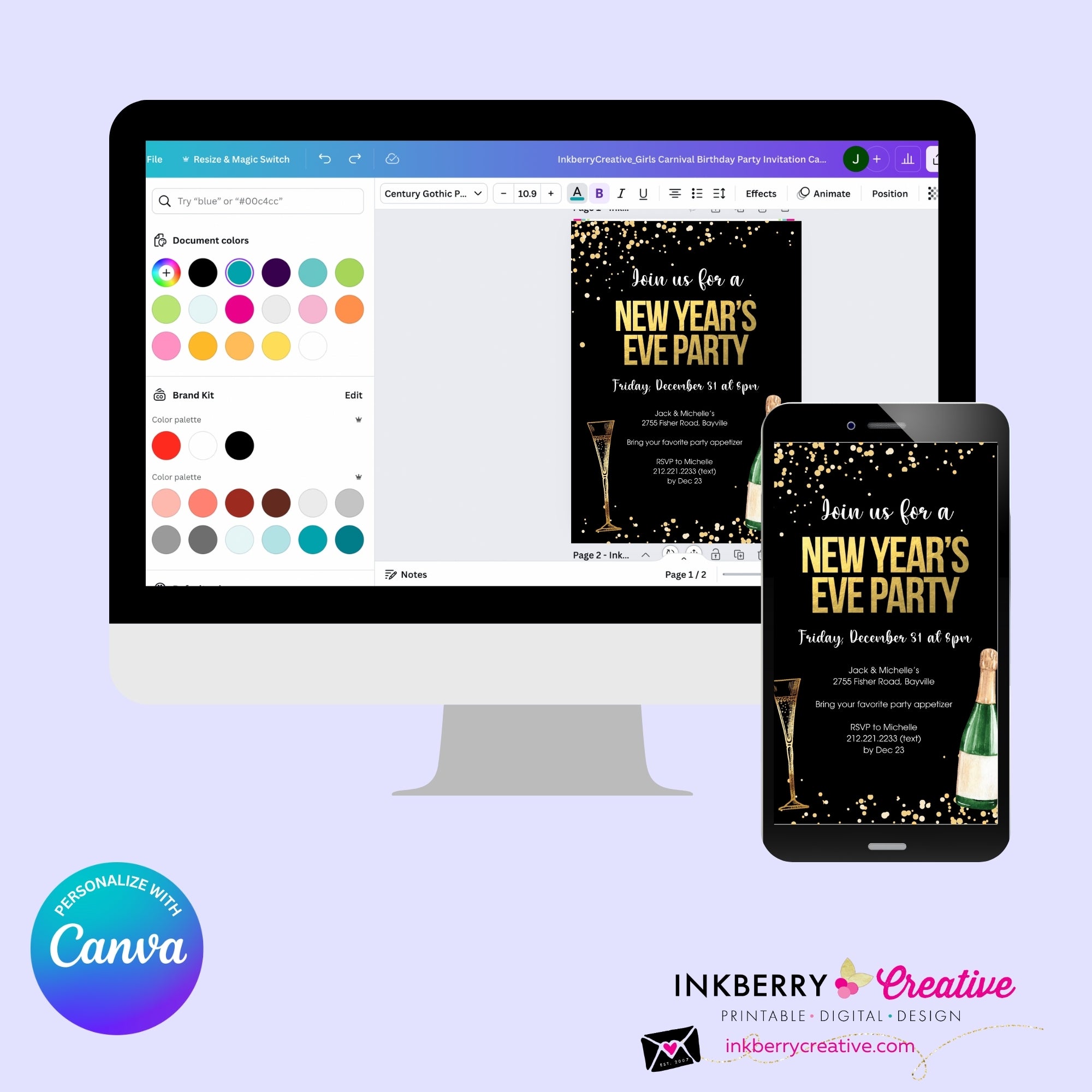 New Year's Eve Black Gold Confetti Champagne Party Invitation - Editable in Canva