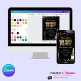 New Year's Eve Black Gold Confetti Champagne Party Invitation - Editable in Canva