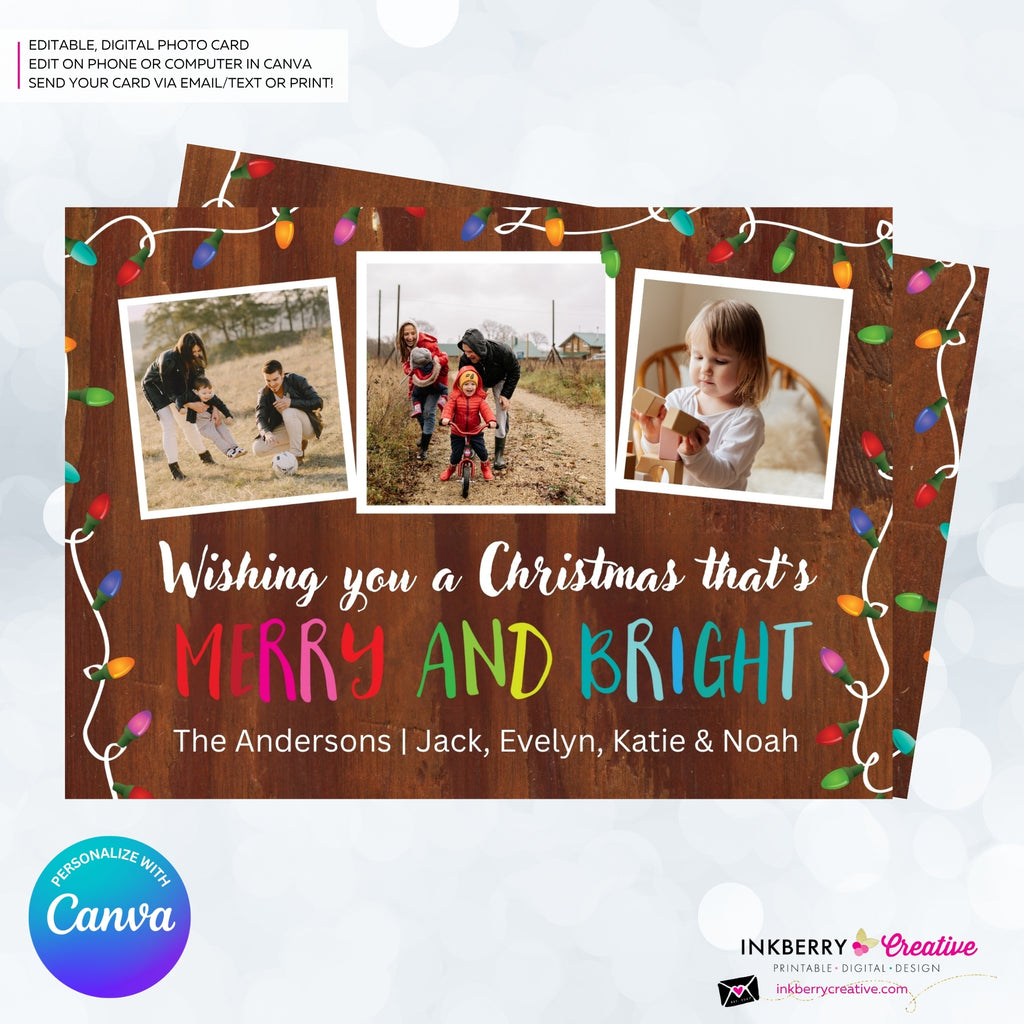 Woodgrain Merry and Bright Christmas Lights 3 Photo Christmas Card - Retro Christmas Bulbs String of Lights - Edit in Canva