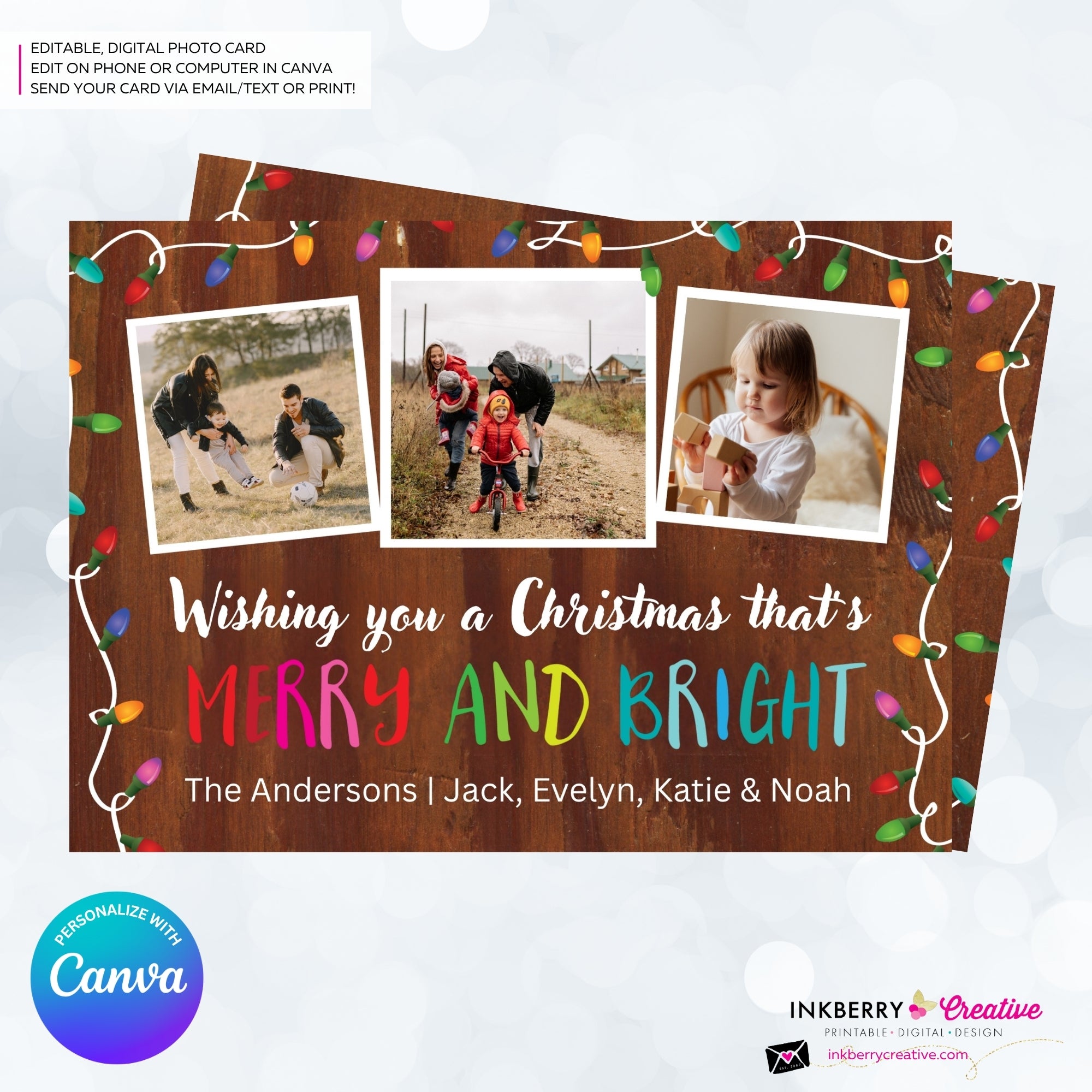 Woodgrain Merry and Bright Christmas Lights 3 Photo Christmas Card - Retro Christmas Bulbs String of Lights - Edit in Canva