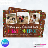 Woodgrain Merry and Bright Christmas Lights 3 Photo Christmas Card - Retro Christmas Bulbs String of Lights - Edit in Canva