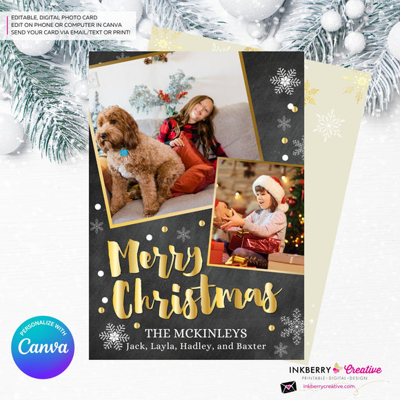 Chalkboard Silver and Gold Snow Merry Christmas Photo Card - Edit in Canva