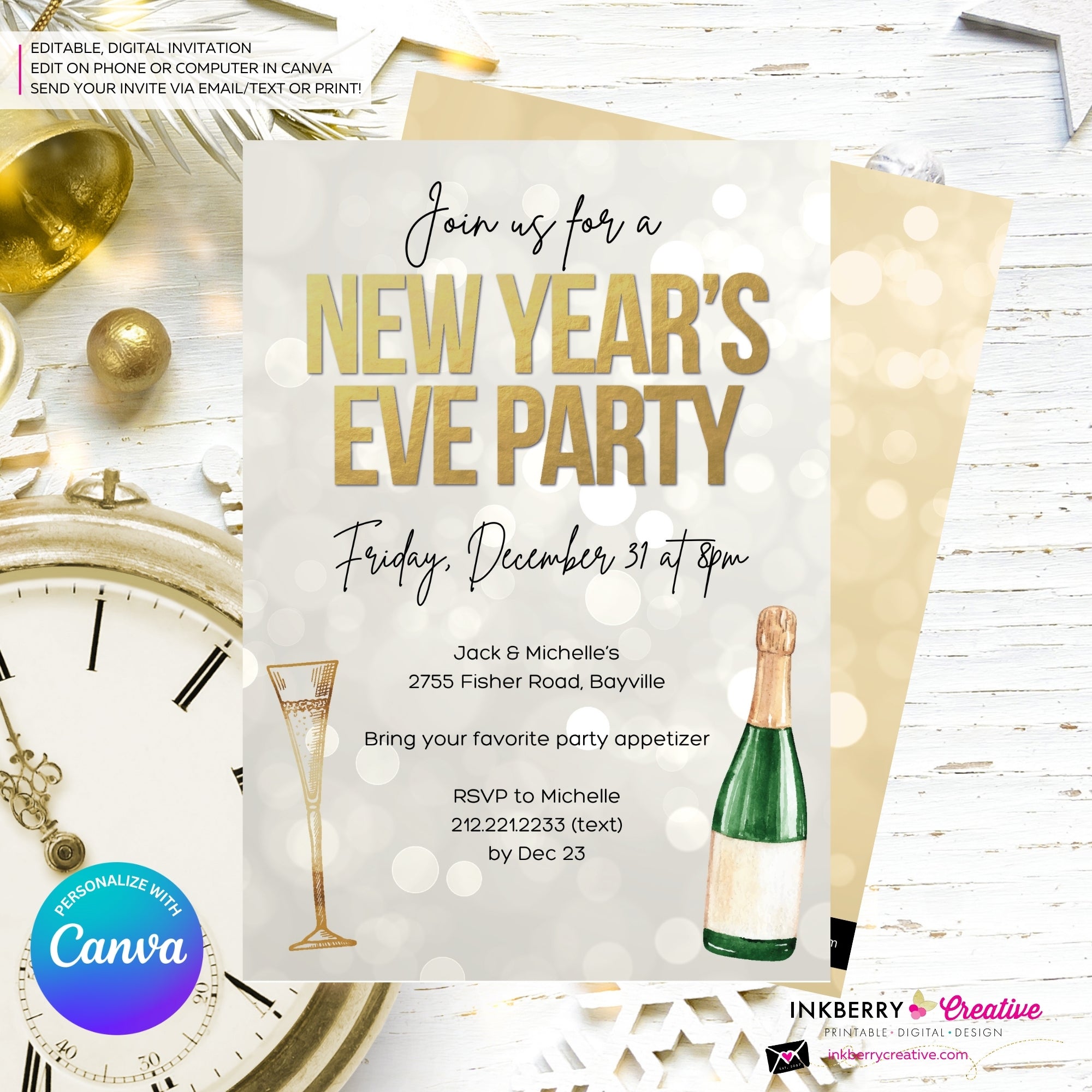 New Year's Eve Gold Champagne Party Invitation - Editable in Canva