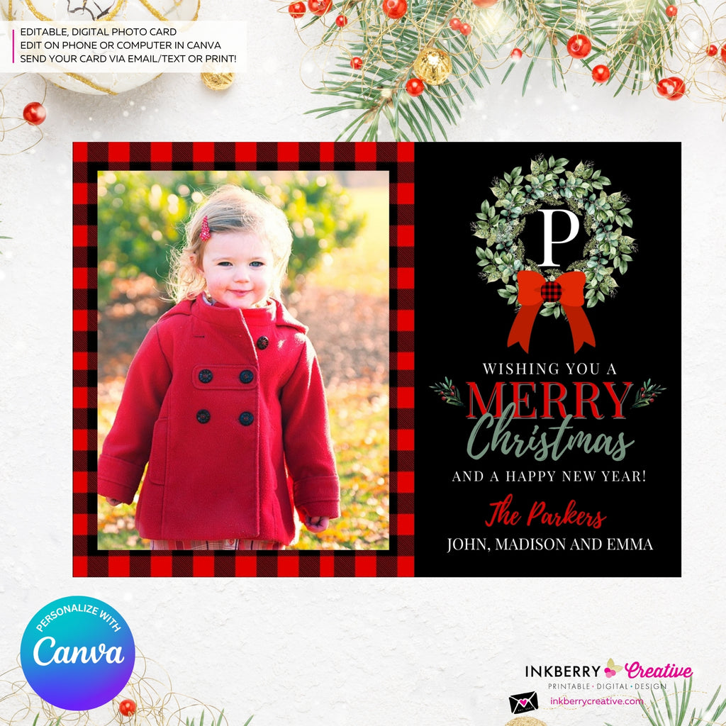 Family Monogram Buffalo Check Christmas Wreath Photo Card, Family Holiday Photo Card, Custom Colors, Email Christmas Card, Editable in Canva