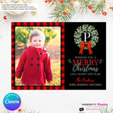 Family Monogram Buffalo Check Christmas Wreath Photo Card, Family Holiday Photo Card, Custom Colors, Email Christmas Card, Editable in Canva