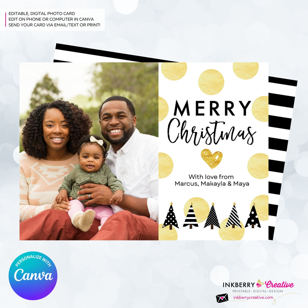 Gold Polka Dot Modern Trees - Black White Gold Patterns - Christmas Photo Card - Edit in Canva