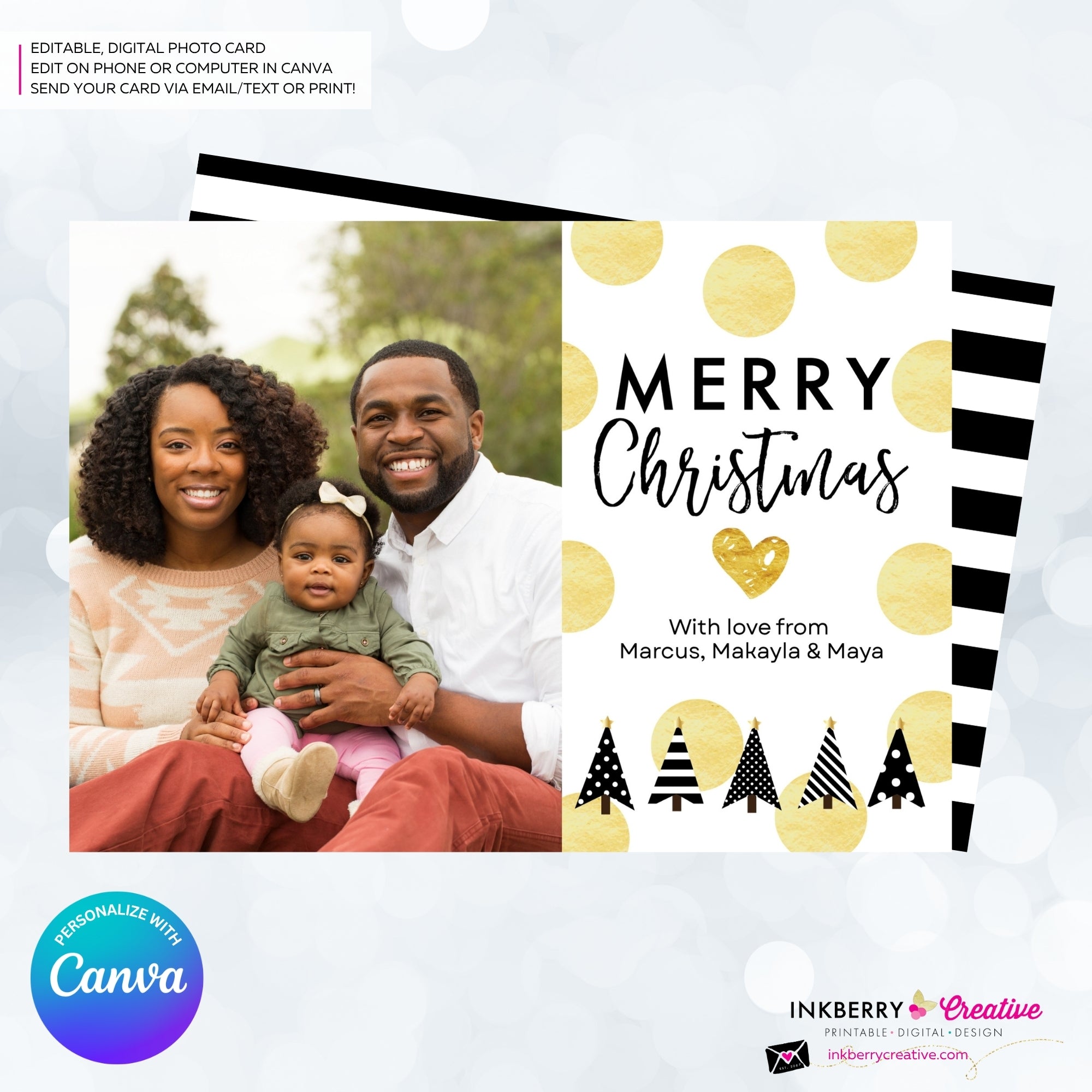 Gold Polka Dot Modern Trees - Black White Gold Patterns - Christmas Photo Card - Edit in Canva