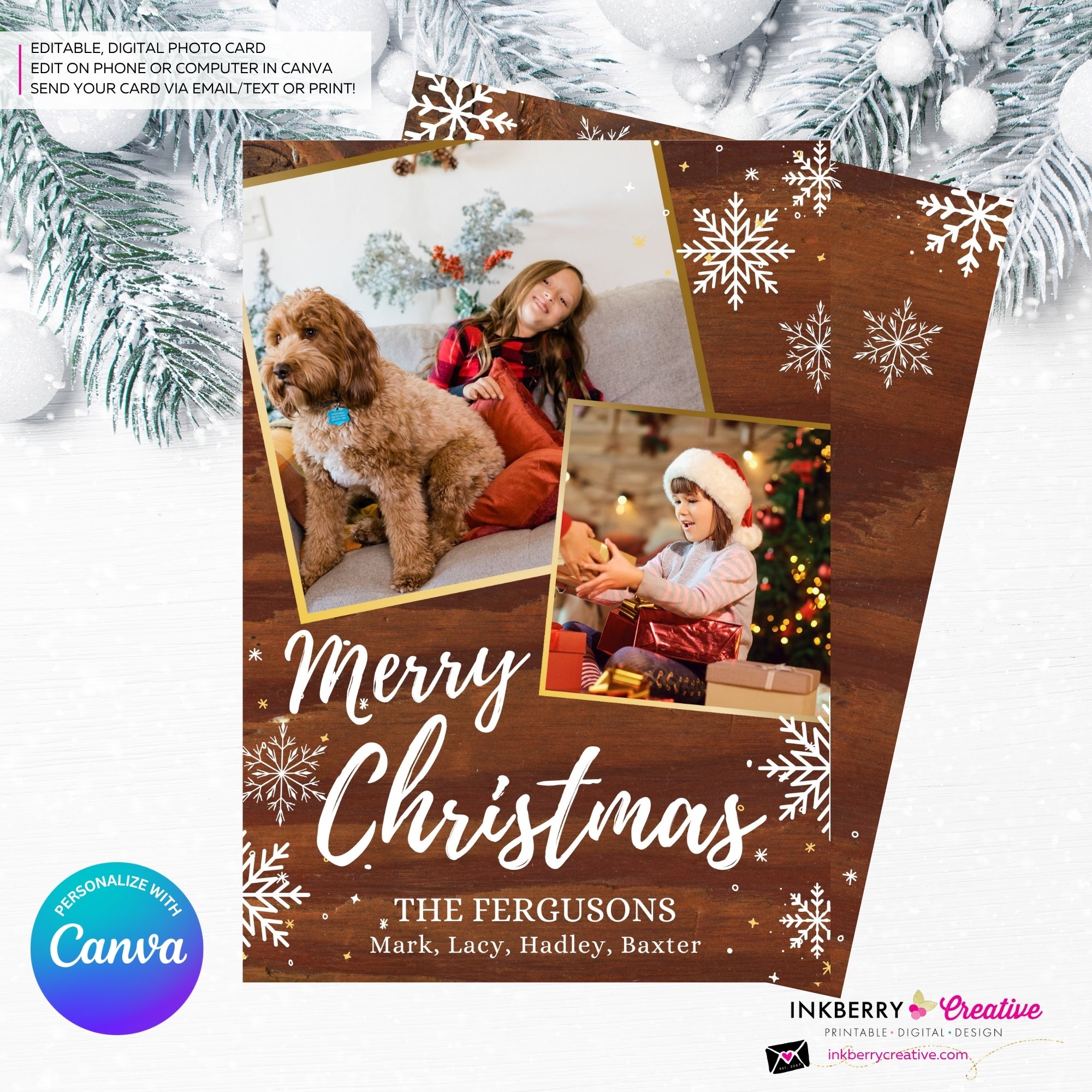 Woodgrain Gold and Snowflakes Christmas Photo Card, Family Holiday Photo Card, Custom Colors, Email Christmas Card, Editable in Canva