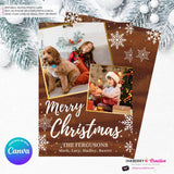 Woodgrain Gold and Snowflakes Christmas Photo Card, Family Holiday Photo Card, Custom Colors, Email Christmas Card, Editable in Canva