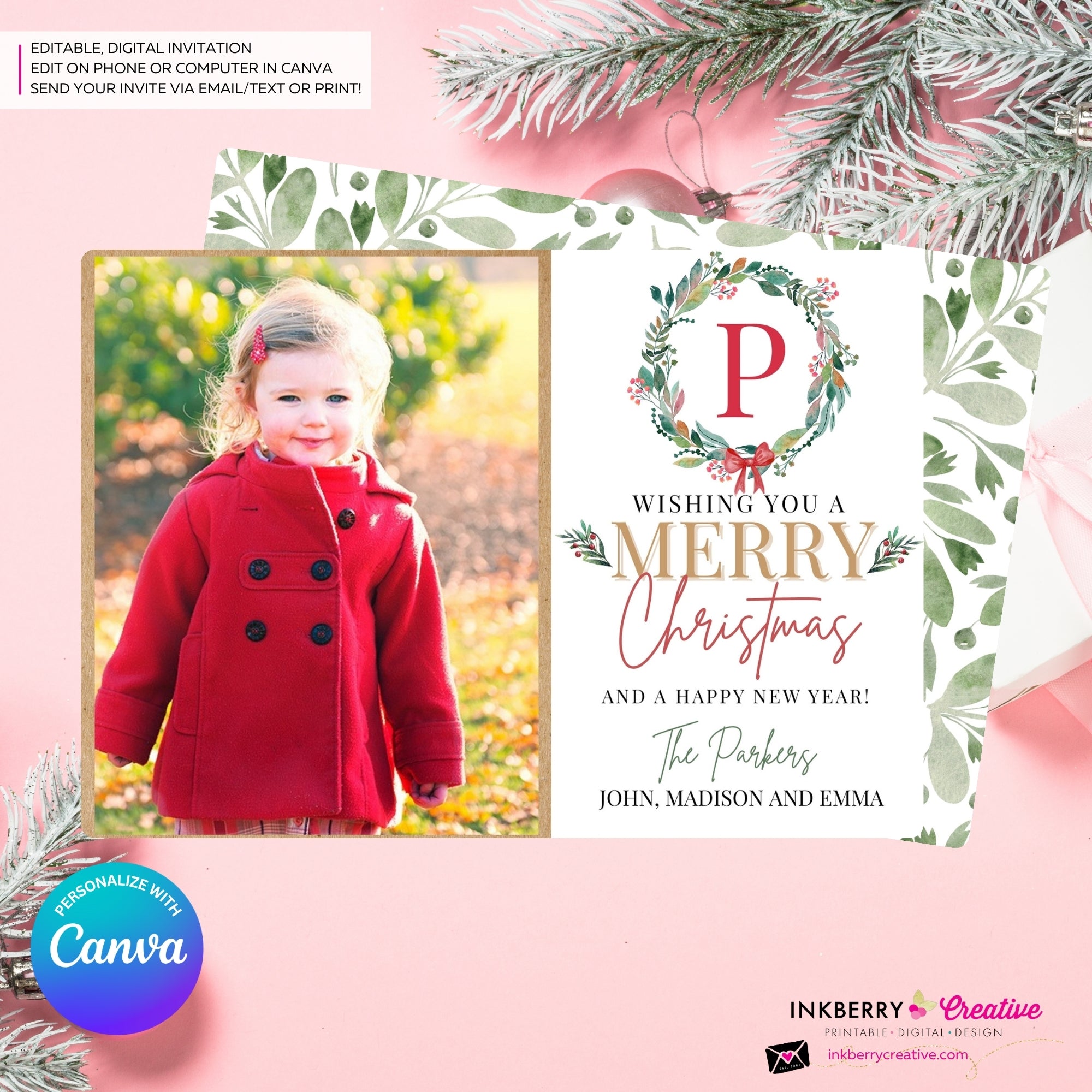 Family Monogram Colorful Christmas Wreath Photo Card, Family Holiday Photo Card, Custom Colors, Email Christmas Card, Editable in Canva