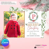 Family Monogram Colorful Christmas Wreath Photo Card, Family Holiday Photo Card, Custom Colors, Email Christmas Card, Editable in Canva