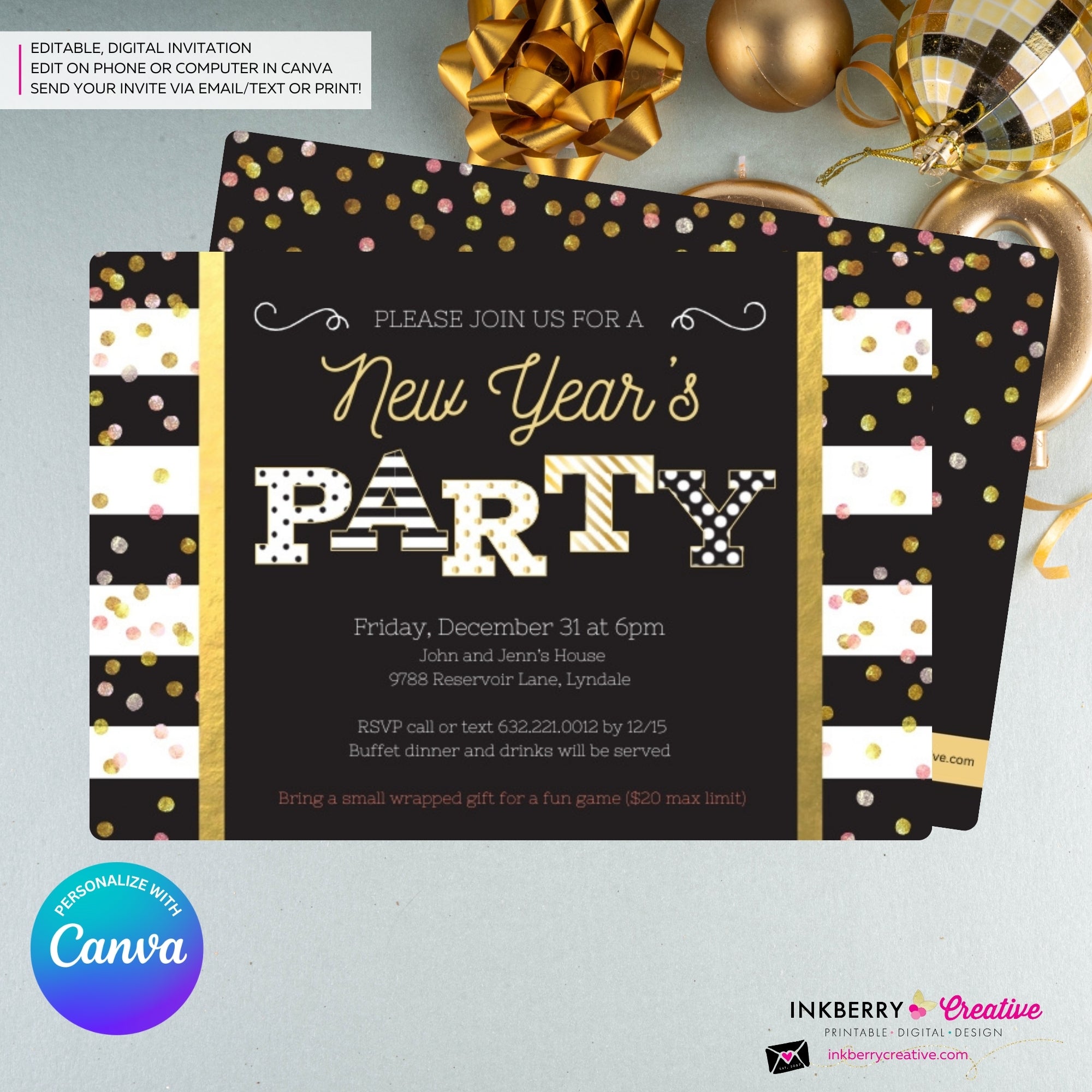 New Year's Eve Party Invitation, Black White Stripe, Black Gold Confetti Patterns, Printable Invite, Instant Download, Edit in Canva
