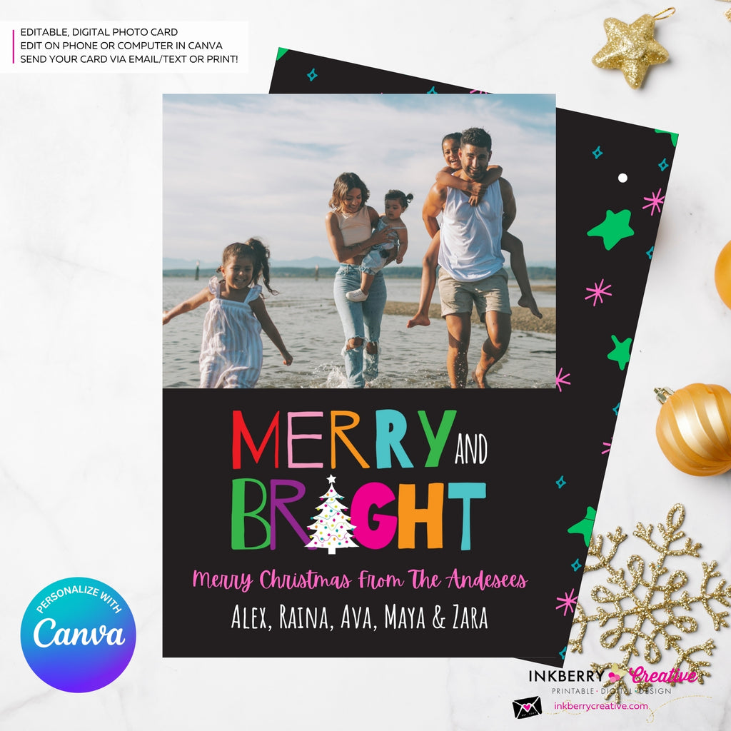 Modern Merry and Bright Photo Christmas Card, Family Holiday Photo Card, Multi-photo, Email Christmas Card, Editable in Canva