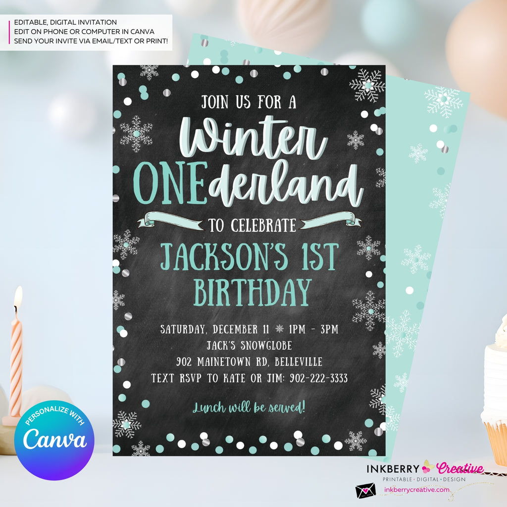 Whimsical Winter Wonderland 1st Birthday Invite - Snowflake Chalkboard Theme - ONEderland - Aqua Blue Silver, Personalize and Edit in Canva