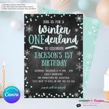 Whimsical Winter Wonderland 1st Birthday Invite - Snowflake Chalkboard Theme - ONEderland - Aqua Blue Silver, Personalize and Edit in Canva