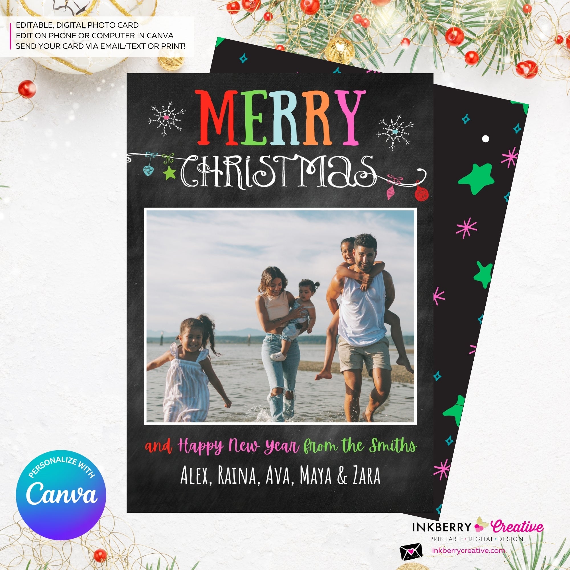 Chalkboard Ornaments Merry Christmas Photo Card, Family Holiday Photo Card, Email Christmas Card, Editable in Canva