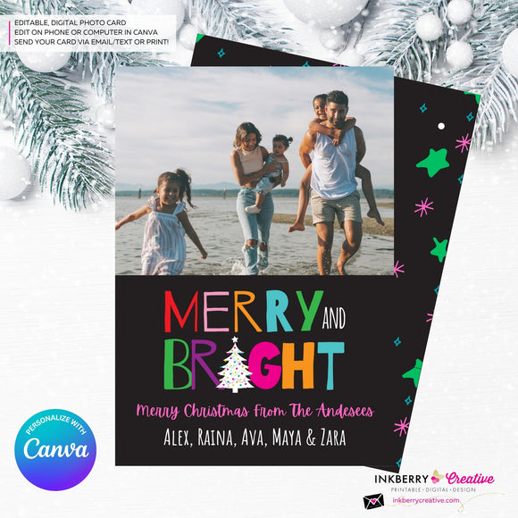 Modern Merry and Bright Photo Christmas Card, Family Holiday Photo Card, Multi-photo, Email Christmas Card, Editable in Canva