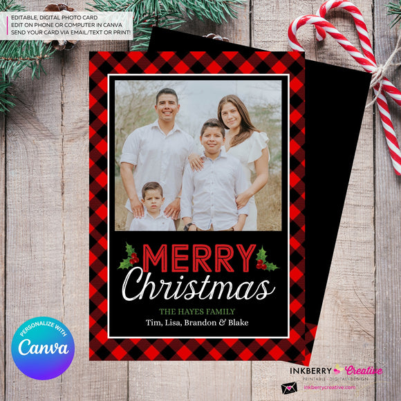 Red and Black Buffalo Check Plaid Christmas Photo Card, Family Holiday Photo Card, Custom Colors, Email Christmas Card, Editable in Canva