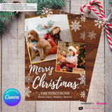 Woodgrain Gold and Snowflakes Christmas Photo Card, Family Holiday Photo Card, Custom Colors, Email Christmas Card, Editable in Canva