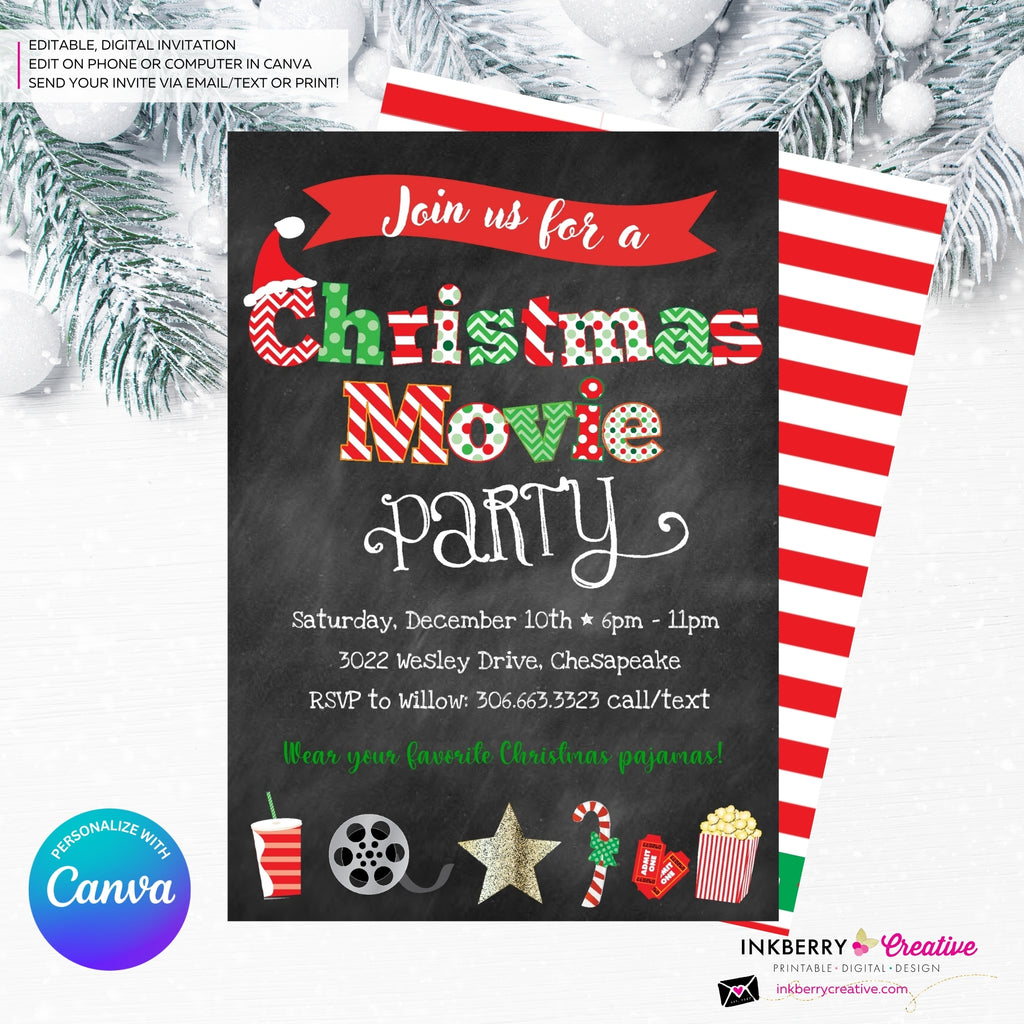 Christmas Movie Party Invitation - Chalkboard - Editable in Canva