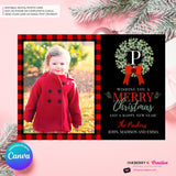 Family Monogram Buffalo Check Christmas Wreath Photo Card, Family Holiday Photo Card, Custom Colors, Email Christmas Card, Editable in Canva