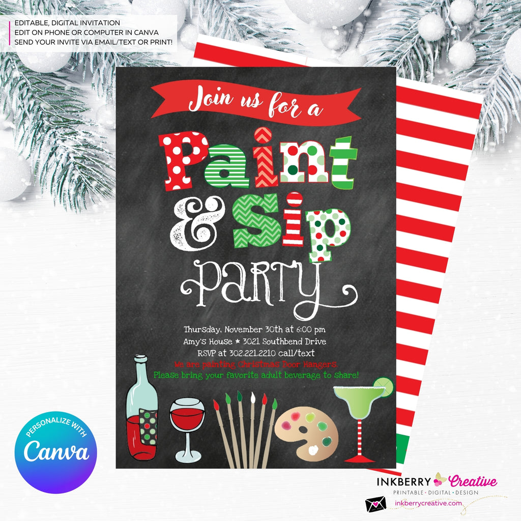 Christmas Paint & Sip Invitation - Editable in Canva