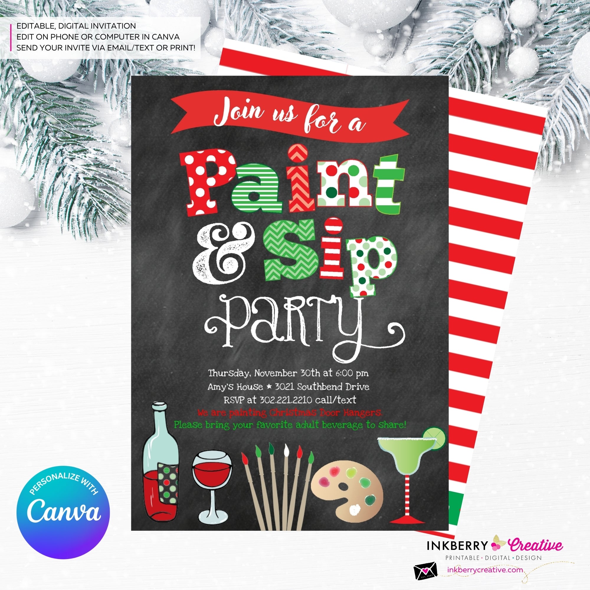 Christmas Paint & Sip Invitation - Editable in Canva