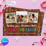 Woodgrain Merry and Bright Christmas Lights 3 Photo Christmas Card - Retro Christmas Bulbs String of Lights - Edit in Canva
