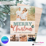 Merry Christmas Vintage Ornaments Woodgrain 4 Photo Holiday Card, Family Photo Card, Custom Colors, Email Christmas Card, Editable in Canva