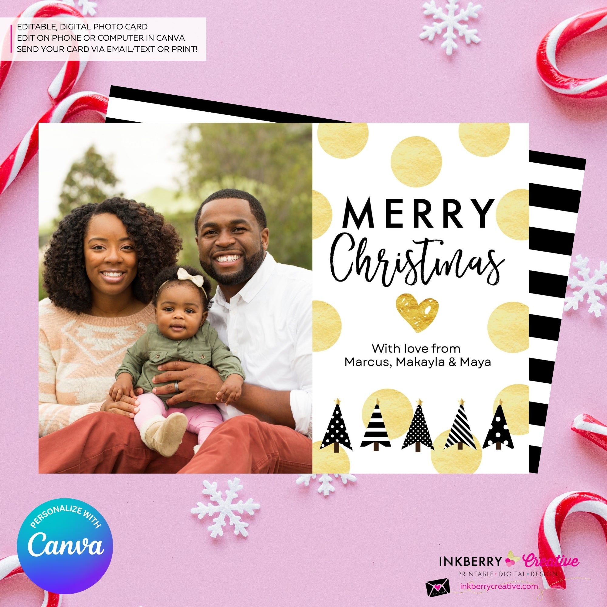 Gold Polka Dot Modern Trees - Black White Gold Patterns - Christmas Photo Card - Edit in Canva