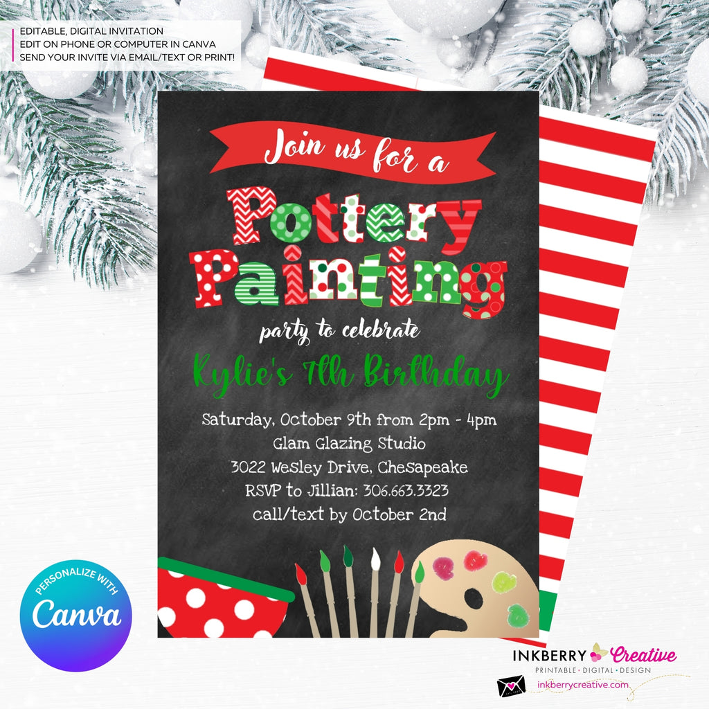 Christmas Pottery Painting Party Invitation - Editable in Canva