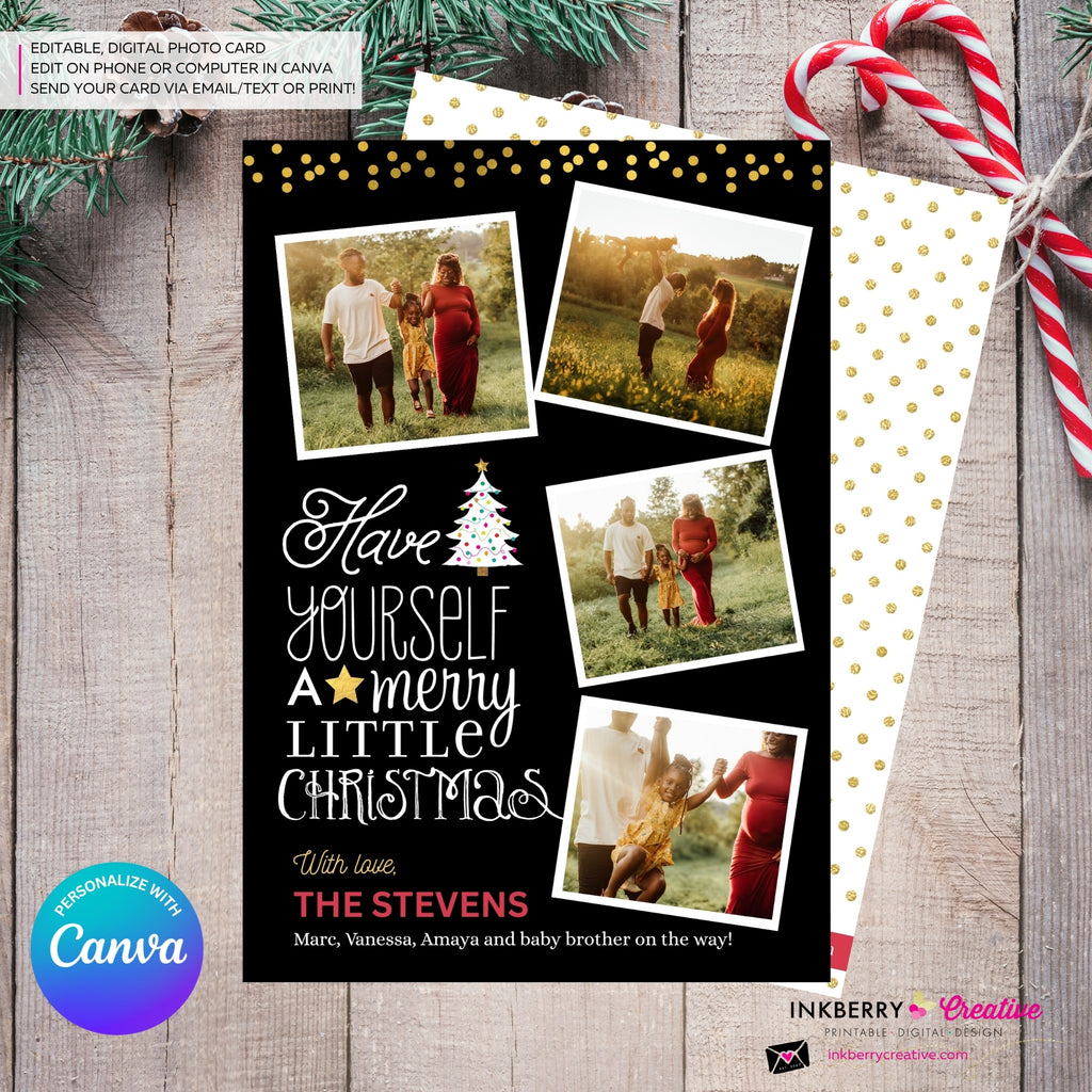 Merry Little Christmas Snapshots 4 Photo Christmas Card, Family Holiday Photo Card, Multi-photo, Email Christmas Card, Editable in Canva