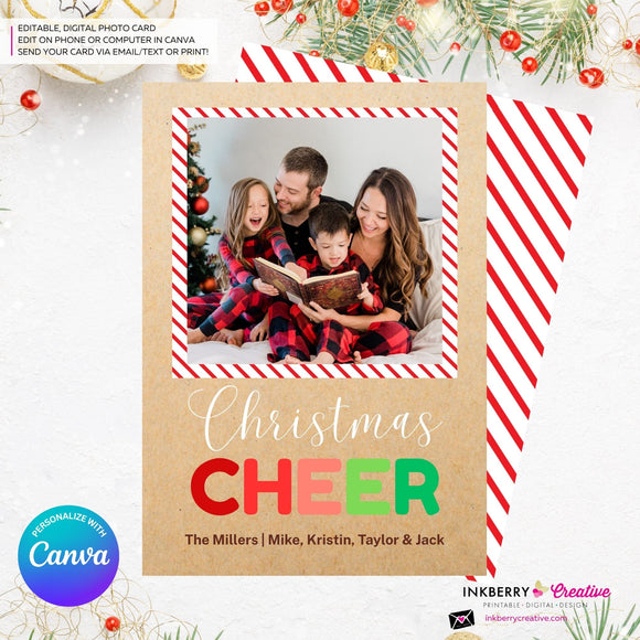 Big Cheer - Kraft Paper Style Christmas Photo Card, Family Holiday Photo Card, Custom Colors, Email Christmas Card, Editable in Canva